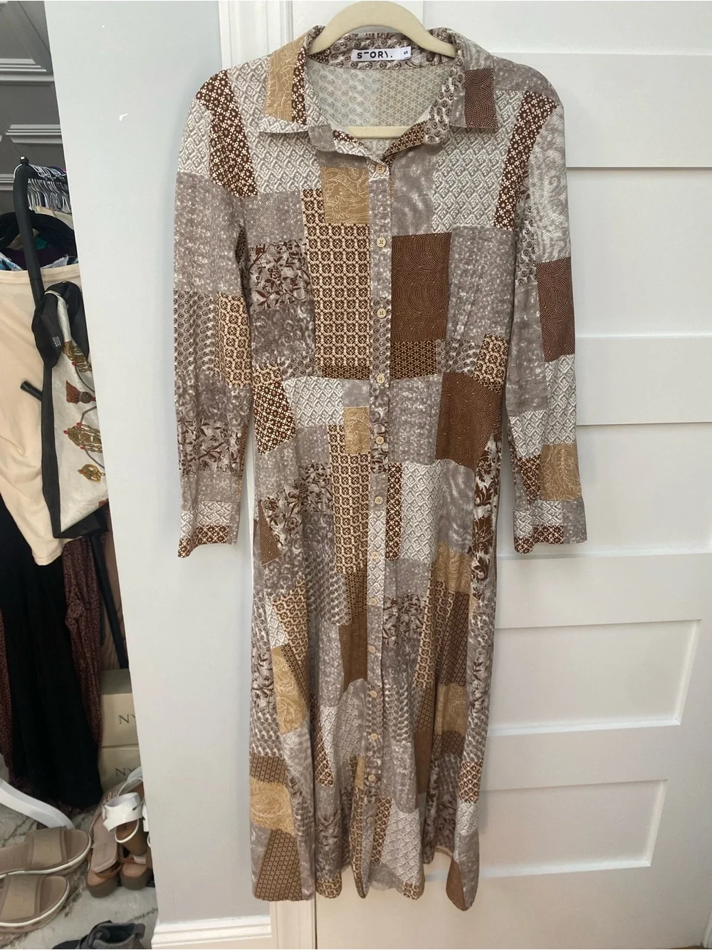 Story cotton Patchwork Print Button-Front Midi Dress in Brown Cream size small